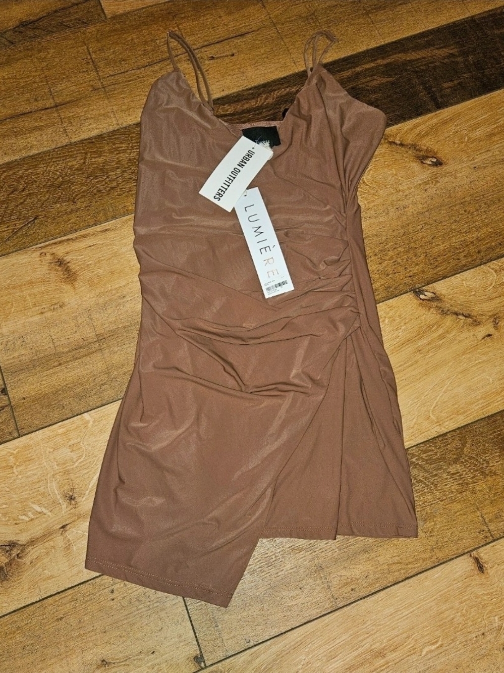 Lumiere Mauve-Brown Ruched Mini Slip Dress